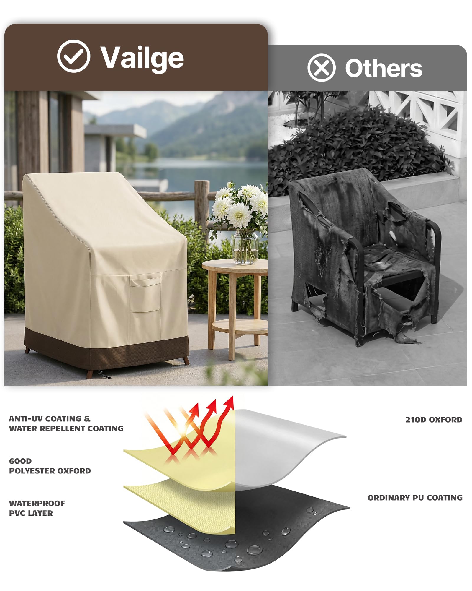 Vailge Coprisedia impilabile da patio, 100% impermeabile, resistente, per mobili da giardino, adatto per 4-6 sedie da pranzo impilabili, confezione da 2 pezzi, 91 x 71 x 119 cm, beige e marrone