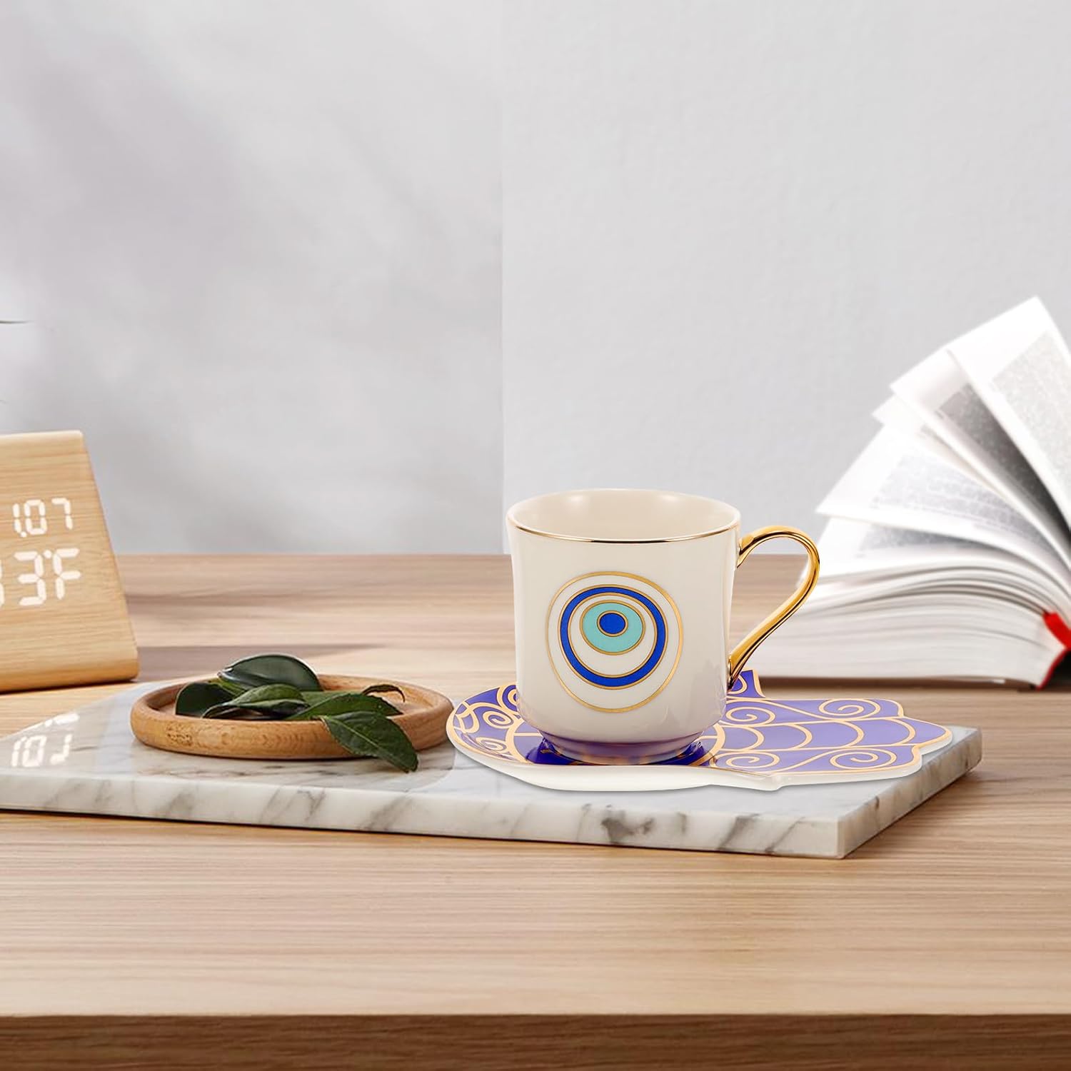 Zerodeko 2-Pack Evil Eye Ceramic Teacup & Saucer Set - Modern, Dishwasher Safe, Lightweight, 10.5x7.5x7.5cm, White, Floral Pattern - Image 8