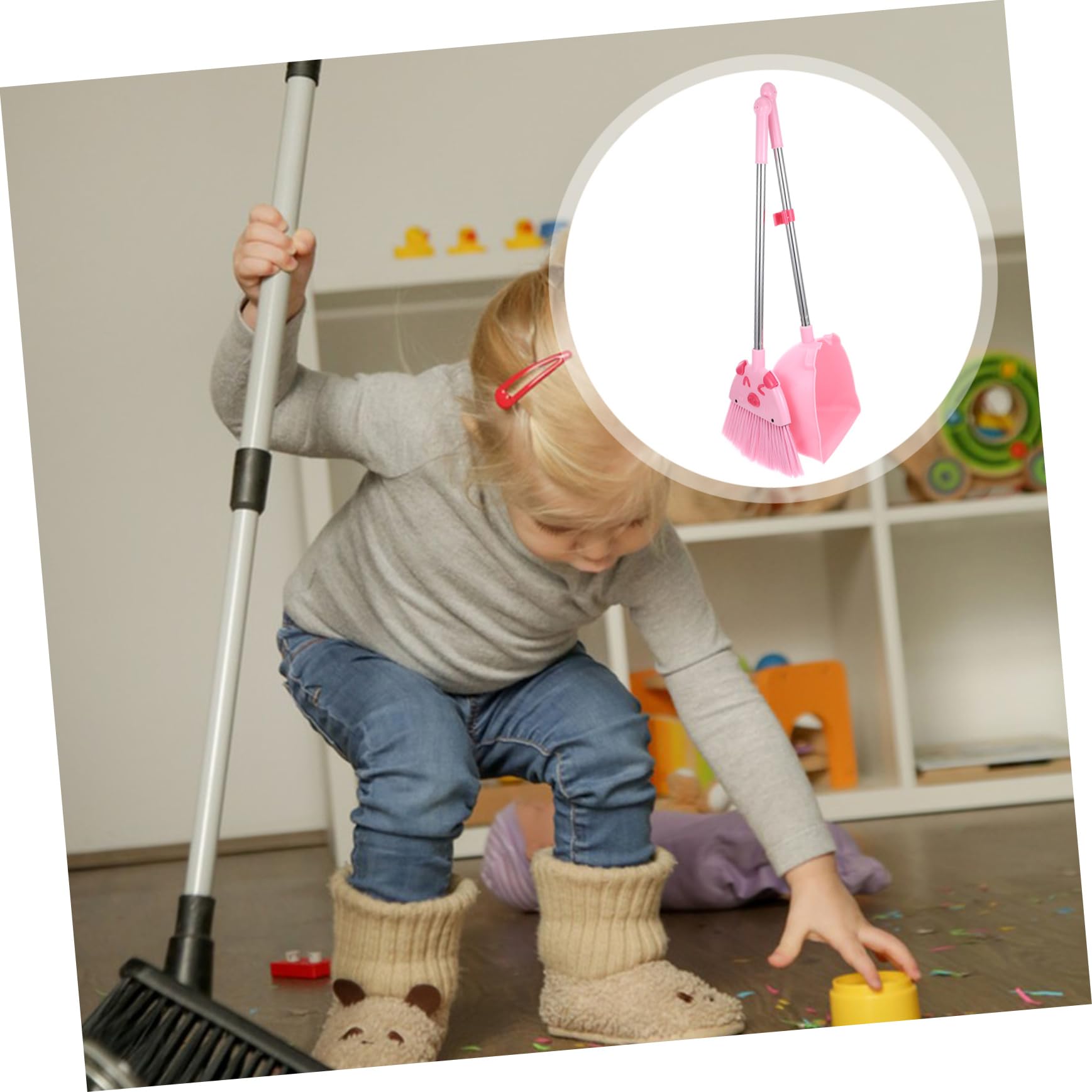 Anneome 2-in-1 Broom Dustpan Set for Children Kids Cleaning Tools Pp Pet Material Cartoon Pig Theme Safe for Toddlers