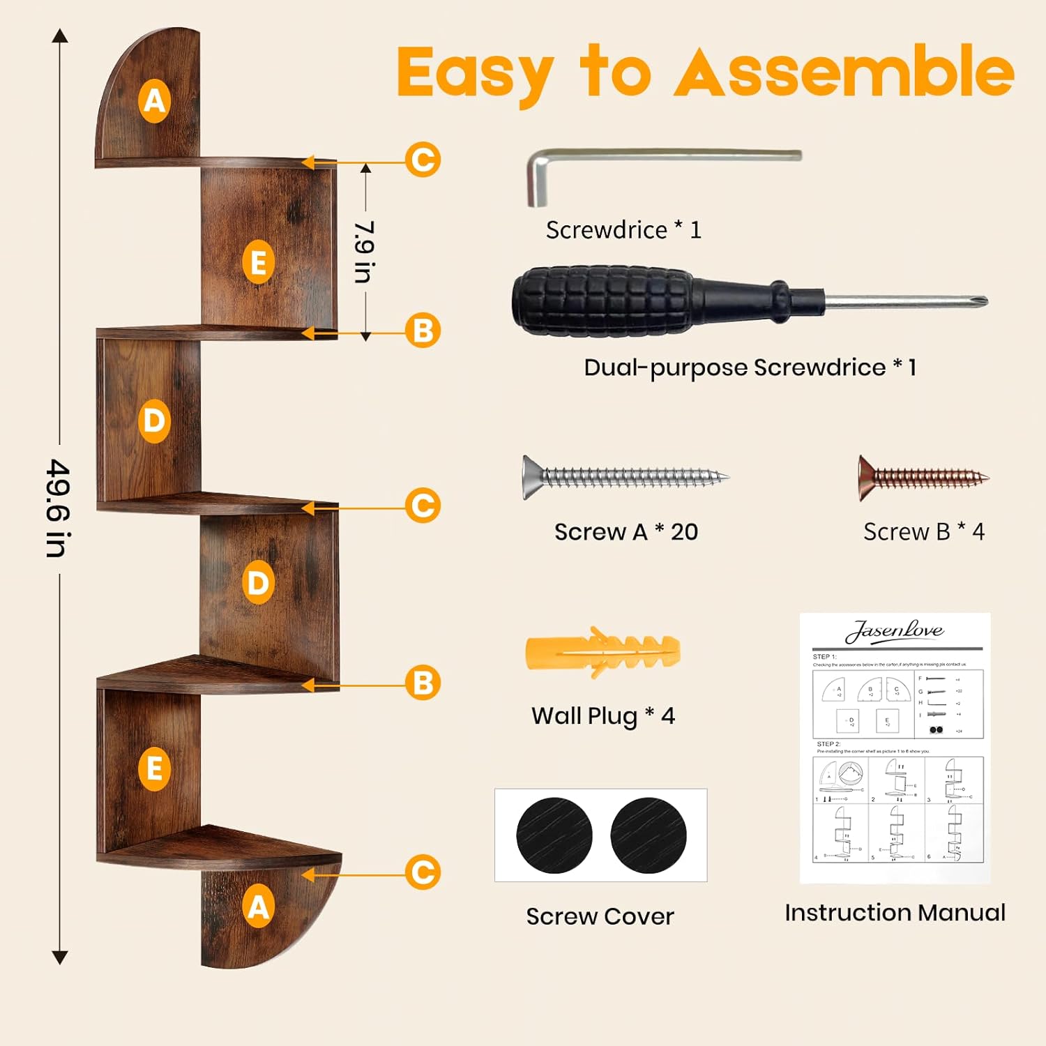 Corner Shelf, 5 Tier Corner Shelf Wall Mounted with Light, Corner Floating Shelves, Corner Bookshelf Stand for Bedroom, Bathroom, Living Room, Kitchen, Home (Rustic Brown)