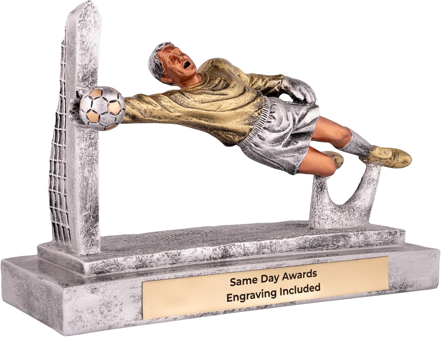 Soccer Goalie Trophy – Premium Hand Painted Resin Award with Custom Engraved Plate, Goalkeeper Action Design Recognition Prize for Tournaments Leagues and School Competitions