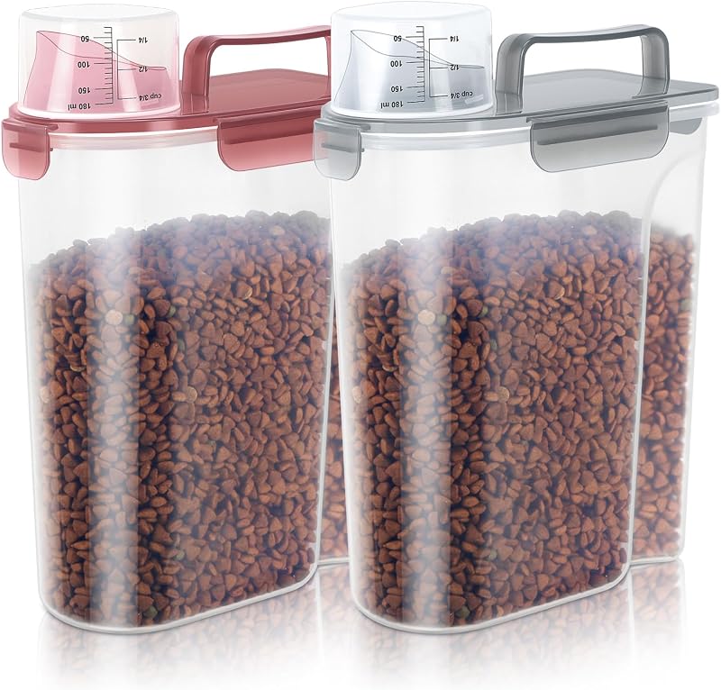 Recipiente Hermético para Armazenamento de Ração para Cães e Gatos LEAWALK com Copo Medidor, Rosa e Cinza, 5 L