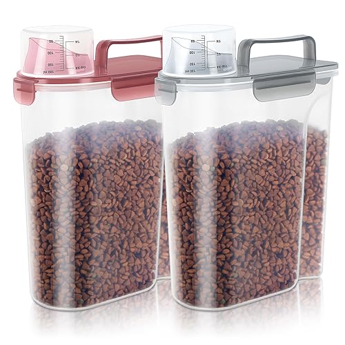 LEAWALK 5Lbs/6Qt Airtight Pet Storage Container For Cat Dog Bird Food and Keep Fresh, Translucent Body, Upgraded Large Nozzle for Easy Pouring With Handle Design Easy to Carry When Going 2pack - Claer(Pink+Grey)