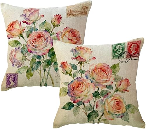 Miniatura 14 de ULOVE LOVE YOURSELF Paquete de 2 fundas de almohada retro con diseño de flores y peonías decorativas para el hogar, fundas de cojín cuadradas Flores