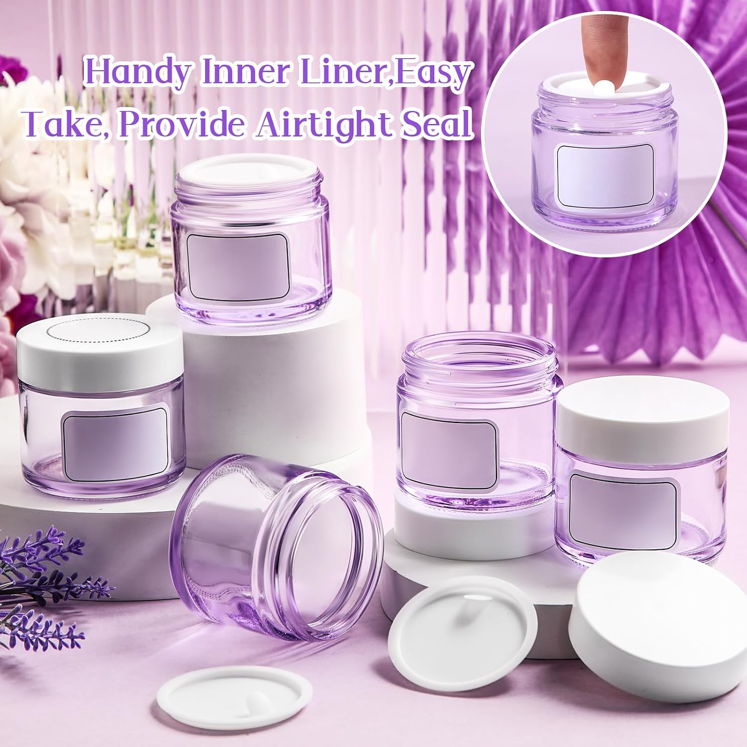 Layhit 60 Pcs 2 oz Glass Jars with Lids Bulk, Small Jars Containers Travel Storage Jar with Inner Liners Labels for Lotions, Cream, Lip Balm (Purple,White Lid)