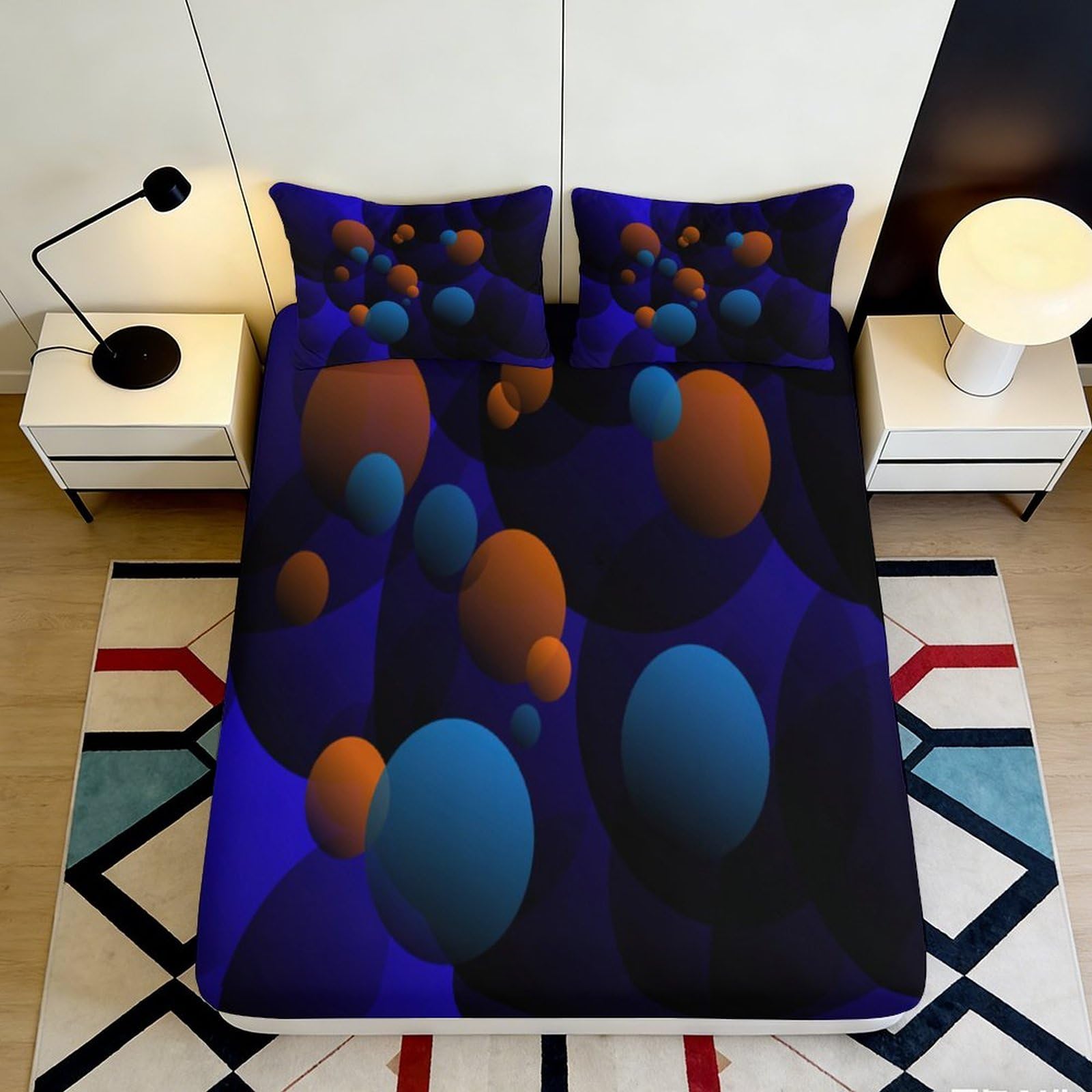 Pnayamiorkfel Style-1 3D Printed Abstract Geometric Fitted Sheet Microfiber Soft Deep Blue Orange Spheres Mattress Cover For Bedroom Dorm Decor 90X200x25cm