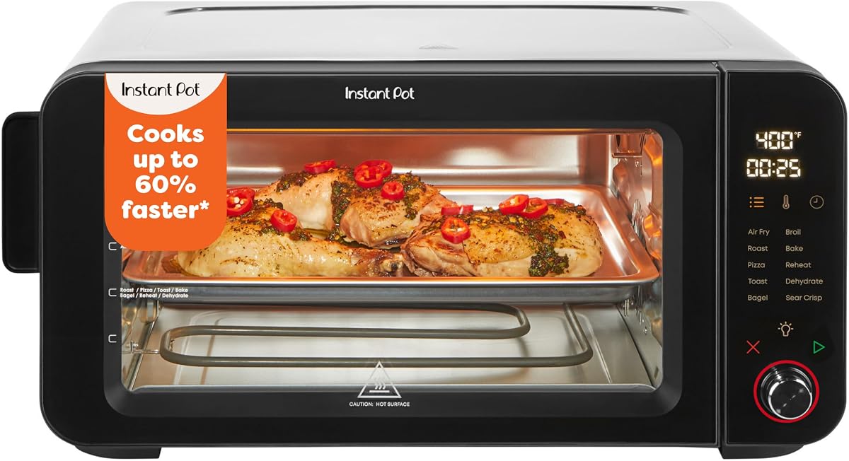 No requiere precalentamiento* Horno tostador y freidora de aire de 6 rebanadas con tecnología InstantHeat, 10 en 1, freír al aire, asar, hornear, dorar crujiente, tostar, bagel, asar, deshidratar, recalentar y hacer pizza
