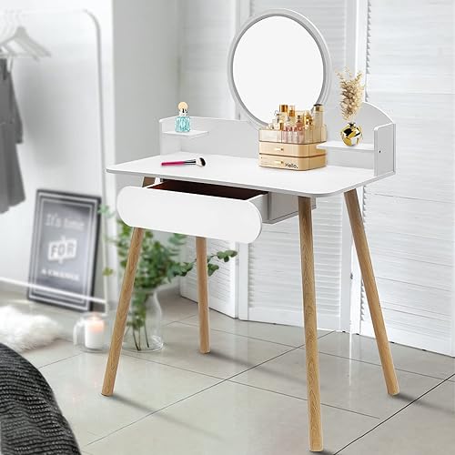 Miniatura 9 de Escritorio de tocador con espejo iluminado, tocador de maquillaje con luces, color blanco, 3 modos de iluminación de brillo ajustable, 1 cajón para