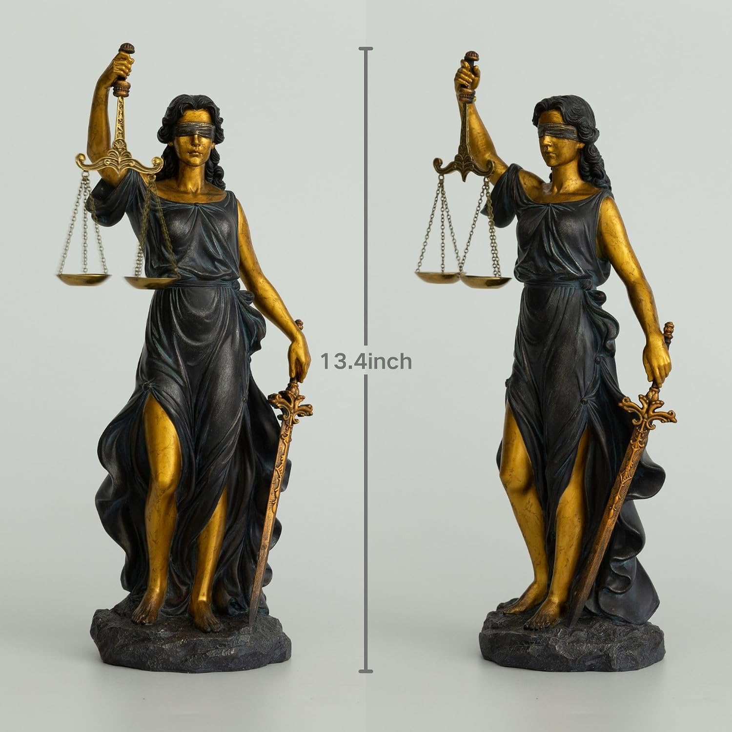Lady Justice Statue, 13in Bronze and Gold Decorative Sculpture with Scale and Sword, Law Office Desk Decor, Lawyer Gift, Blind Justice Figurine for Bookshelf Living Room (Bronze & Gold)