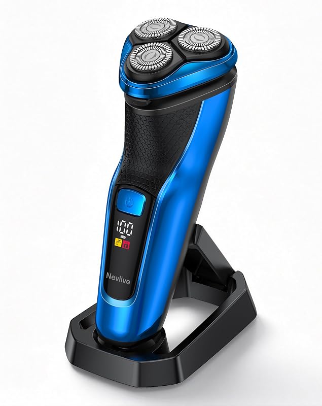 Barbeador elétrico Nevlive 3D rotativo para homens, azul, com carregamento USB, base de carregamento e aparador retrátil