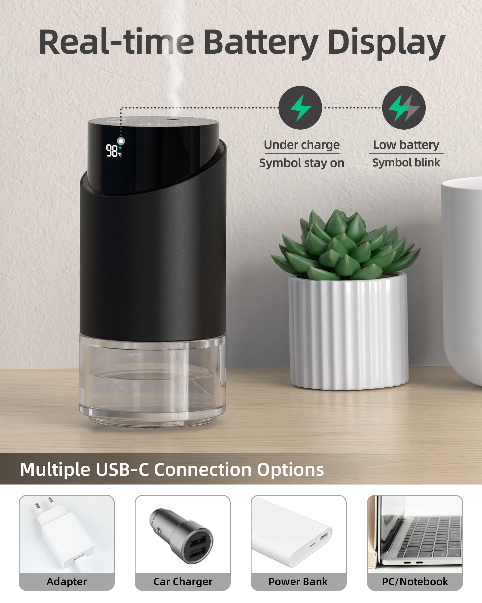 Diffusore di oli essenziali, Diffusore profumo auto per casa grande spazio, auto, ufficio, casa, mini diffusore di aroma batteria, 4 timer e 3 livelli di nebbia, capacità 100ml