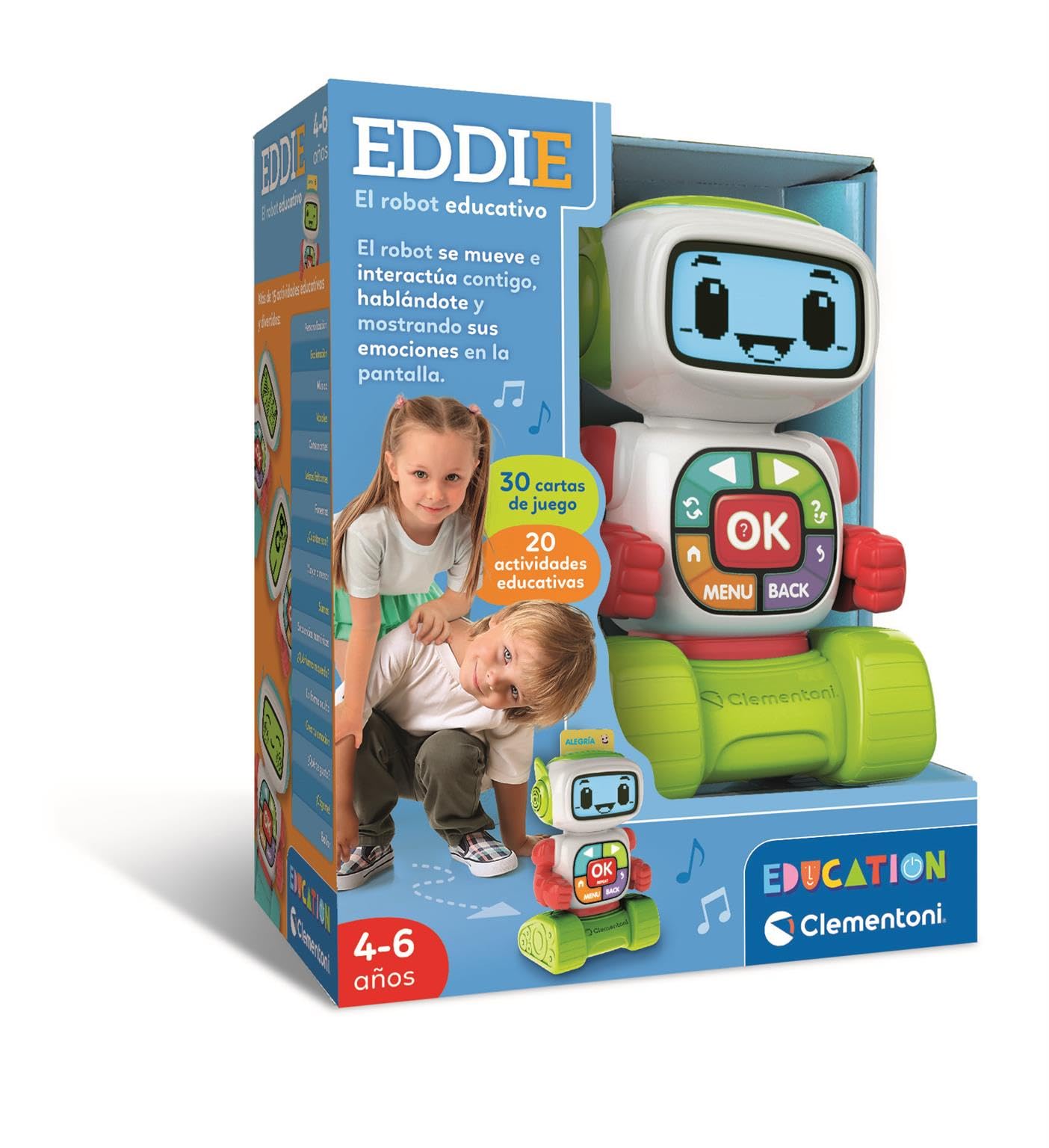 Clementoni – Eddie Robot Educativo – 30 Tarjetas Doble Cara + 20 Actividades Educativas (Letras, números, emociones, Instrumentos, Formas) con Pantalla LCD – Niños de 4 a 6años – 55617
