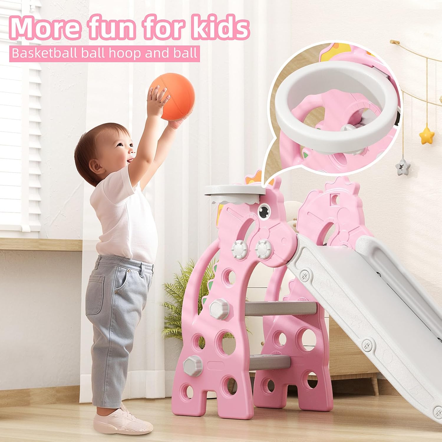 GLAF Toddler Slide Indoor for Toddlers 1-3 Baby Slide Outdoor Playset with Basketball Hoop and Ball Plastic Foldable Slides for Kids Backyard Climber Set (Pink)