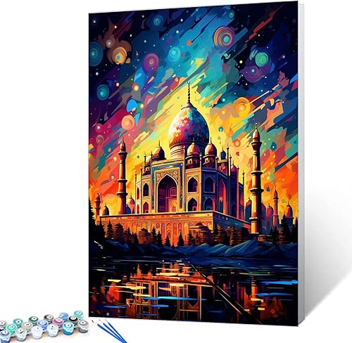 Taj Mahal - Pintura por números para adultos principiantes, imágenes de paisaje urbano garffitic para niños adultos, manualidades para decoración de