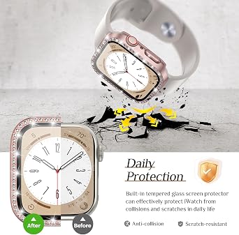 Goton 2-Pack Glitter Case & Bling Thin Band Designed for Apple Watch 44mm Series 6/5/4/SE(2nd Gen), iWatch Sparkle Screen Protector + Women Soft Silicone Strap (For 44mm Only)