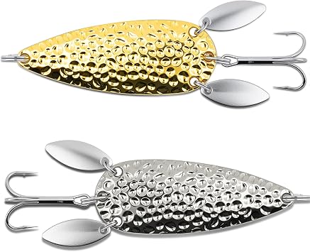 Cratered Surface Hyper-Flutter Spoon Fishing Lures, 0.8oz Heavy-Duty Treble Hooks with High-Vibration Blades for Saltwater & Freshwater Jigging/Casting 2-Pack