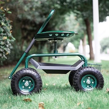 Kinfant Rolling Garden Cart Workseat 360 Swivel Outdoor Garden Stool Cart with Wheels, Mobile Work Seat for Planting Weeding & Harvesting, Heavy Duty Gardening Seat with Storage Tray, Green