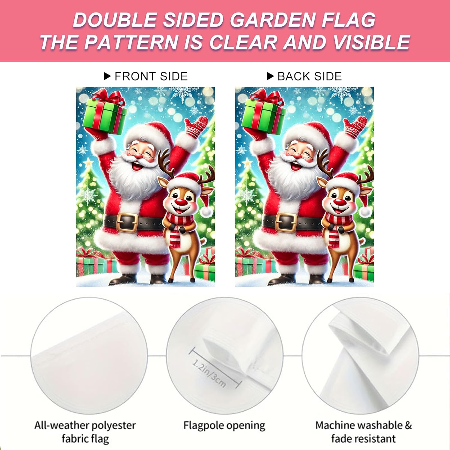Christmas Garden Flag 12x18 Inch Welcome Christmas Twin Outdoor Flag Double Sided Holiday Yard Banner with Santa Claus and Reindeer Snowflakes Gifts and Evergreens for Porch Lawn Patio - Image 4
