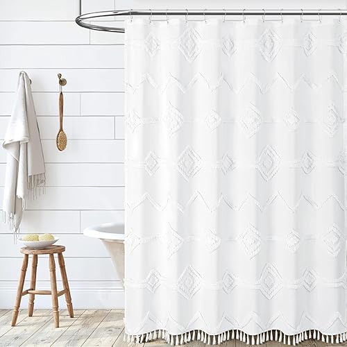 Miniatura 6 de Dynamene Cortina de ducha extralarga, 84 pulgadas de largo, cortina de ducha de tela a rayas de diamante bohemio para baño, juego de cortina de