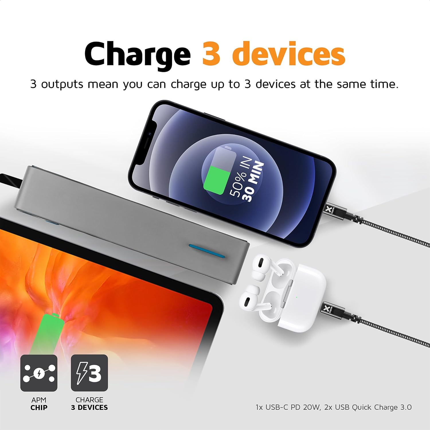 Xtorm Power Bank FS402 charging three devices simultaneously