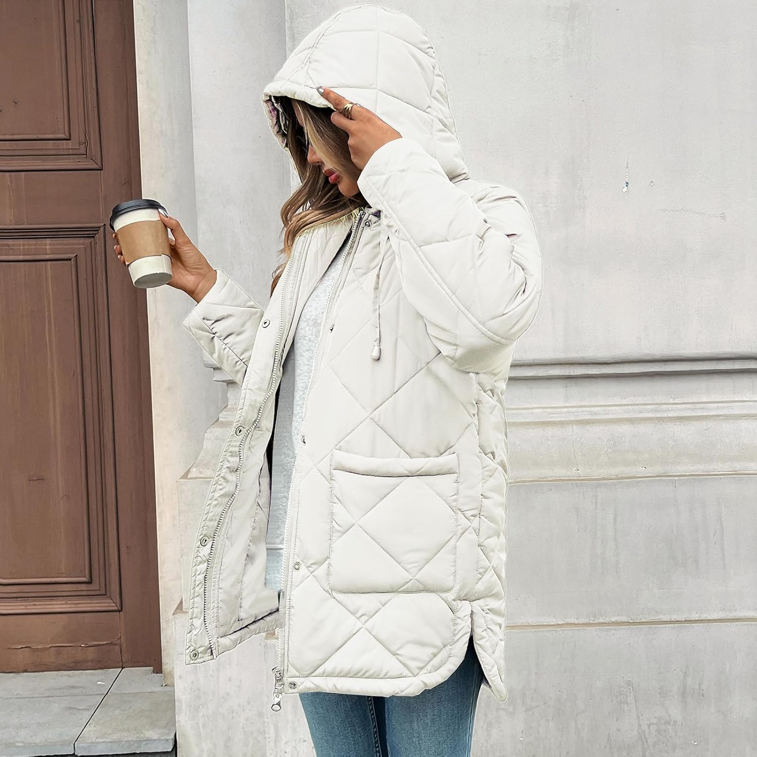 HOTIAN Womens Quilted Puffer Jackets Hooded Long Sleeve Full Zipper Casual Winter Lightweight Diamond Coats with Pockets - Image 5