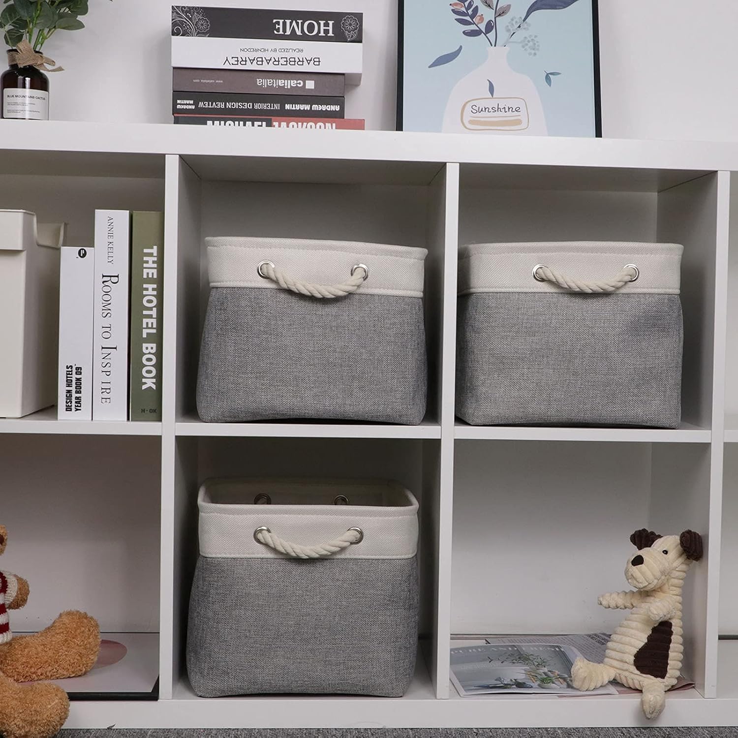 Bidtakay White & Grey Fabric Storage Bins - 3 Medium (15" x 11" x 9.5") + 6 Small (11.8" x 7.8" x 5") Multipurpose Baskets