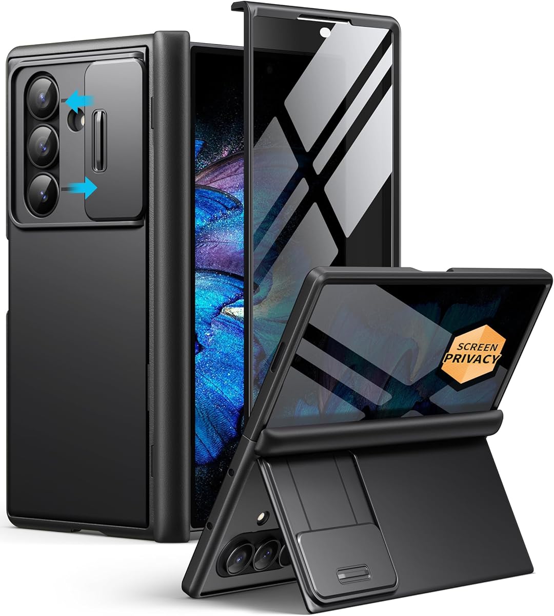 BERFY for Z Fold 7 Case with Privacy Screen Protector, [Anti Spy] Hidden Kickstand & Slide Camera Cover & Hinge Protective, Full Body Shockproof Slim Hard Phone Case for Samsung Galaxy Z Fold 7, Black