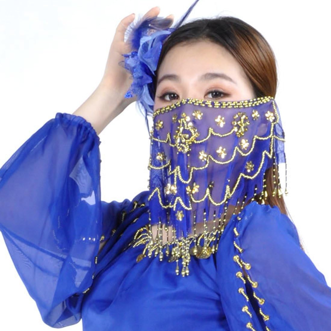 Belly Dance Tribal Face Veil With Beads and Plum Blossom Indian Dance Veil Costume Accessory (Blue)