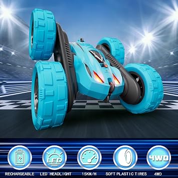 Remote Control Car, 4WD 2.4GHz Double-Sided RC Stunt Car, 360 Rotating Electric Rechargeable Toy Car with LED Lights, Gift for Boys Girls Ages 6+(Blue)