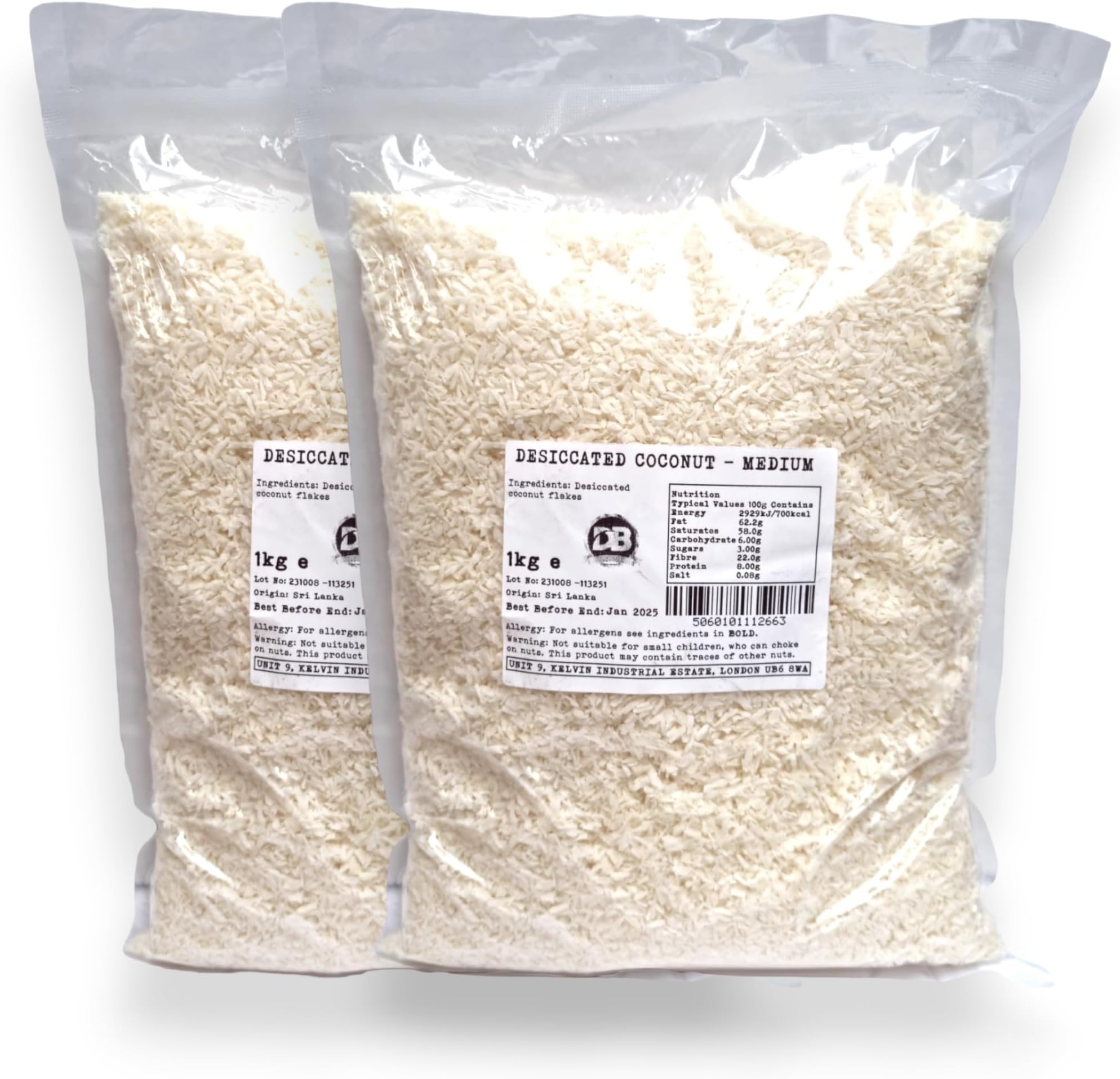 Desiccated Coconut (Medium) - 2kg (2x1kg) | Coconut Fibre | Unsweetened Coconut Flakes | Shredded Dehydrated Coconut Flake | Perfect For Coconut Oil, Coconut Milk, Coconut Water Lovers