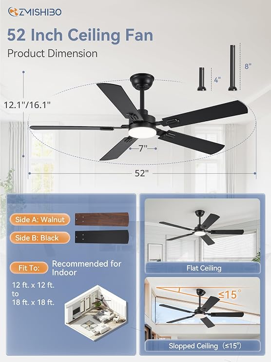 ZMISHIBO 52 Ceiling Fans with Lights and Remote, Black Modern for Indoor