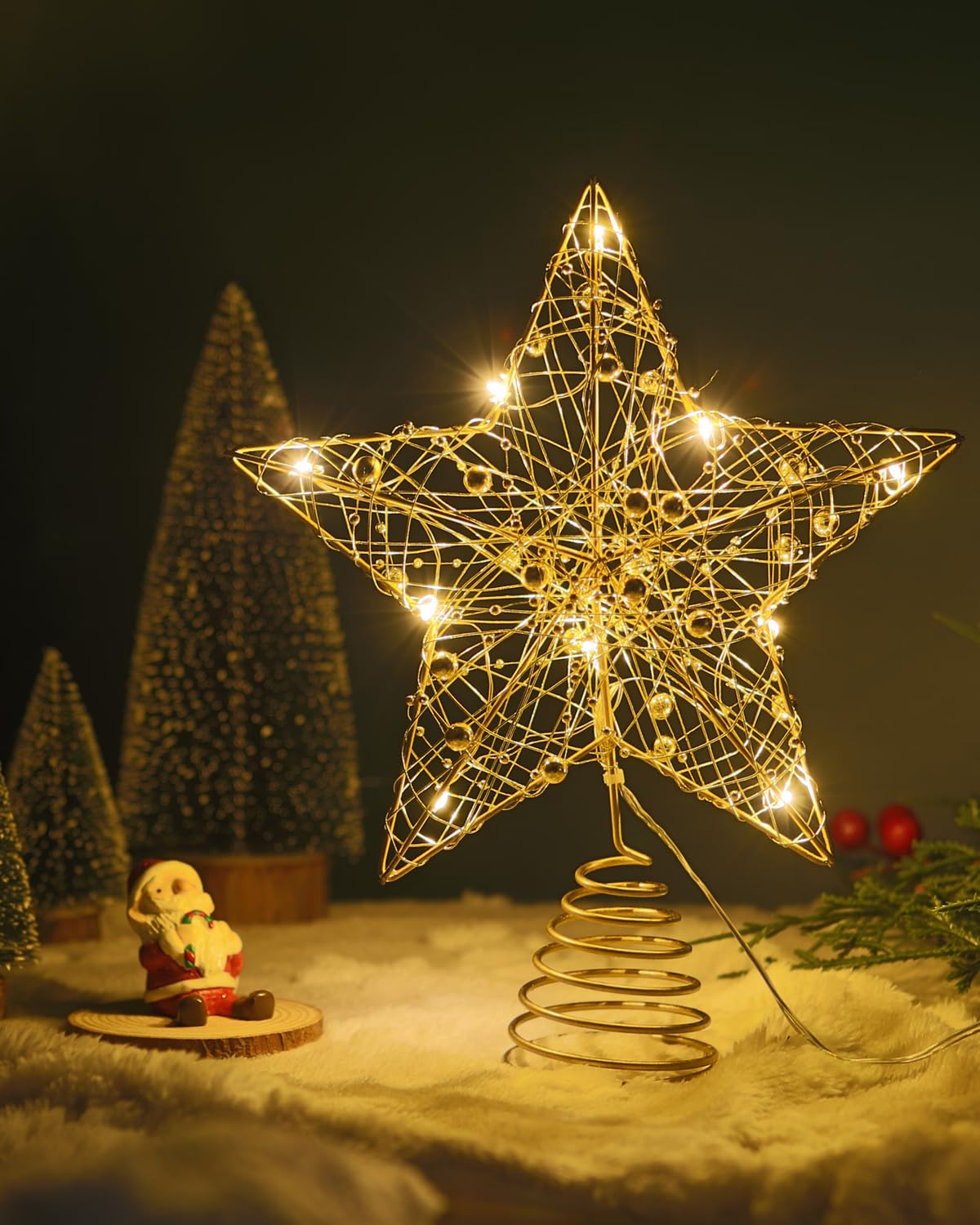 Étoile Sommitale Pour Sapin De Noël - 25x30 Cm, 20 LEDs Blanc Chaud, Fil PET Scintillant, Sur Piles (doré) - 9