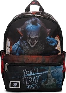 WARNER BROS PICTURES IT Horror Mini Backpack Bundle - 13” Pennywise Bag | 13” Pennywise Backpack Purse with Bookmark for Teens, Women | IT Horror Movie Backpack Small