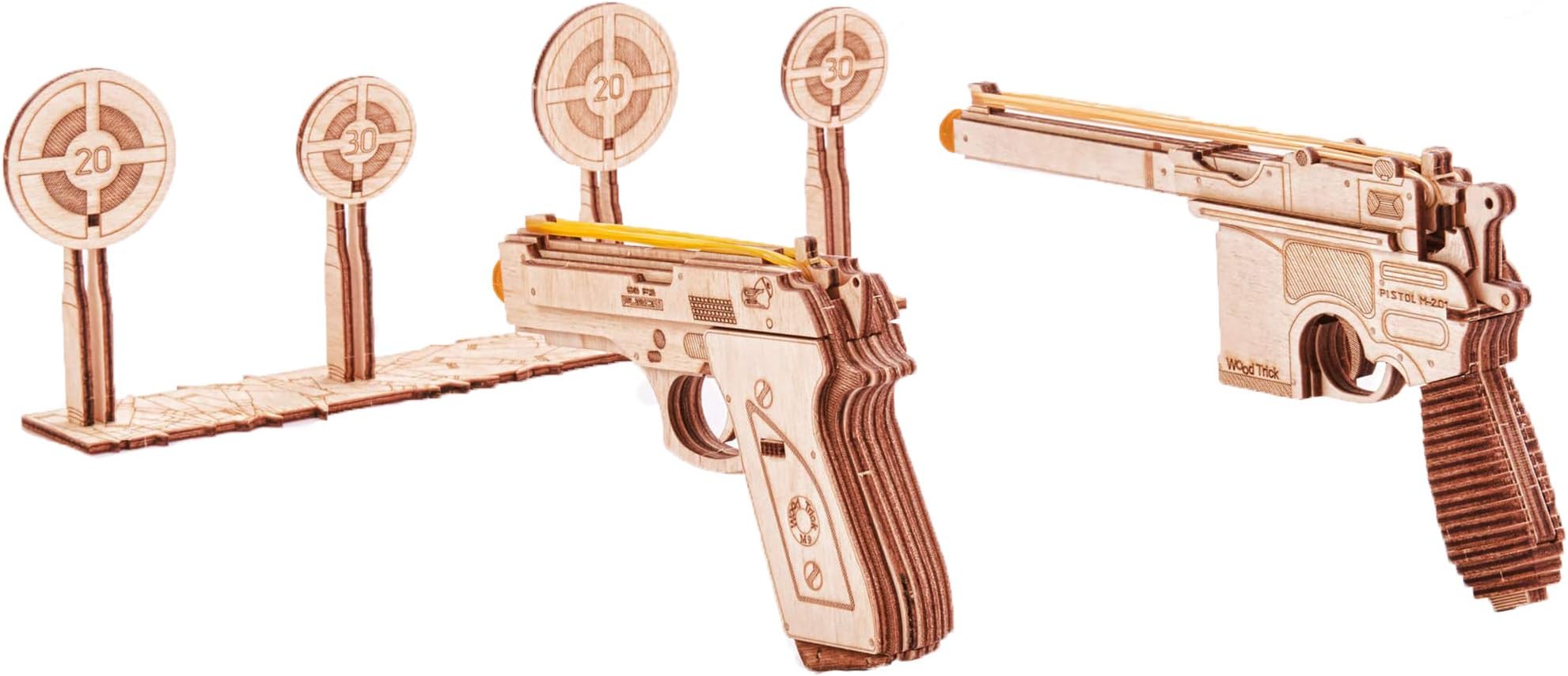 Wood Trick Wooden Guns Set with Targets Shooting Range, Pistol Toy Guns for Adults Set - 3D Wooden Puzzles for Adults to Build
