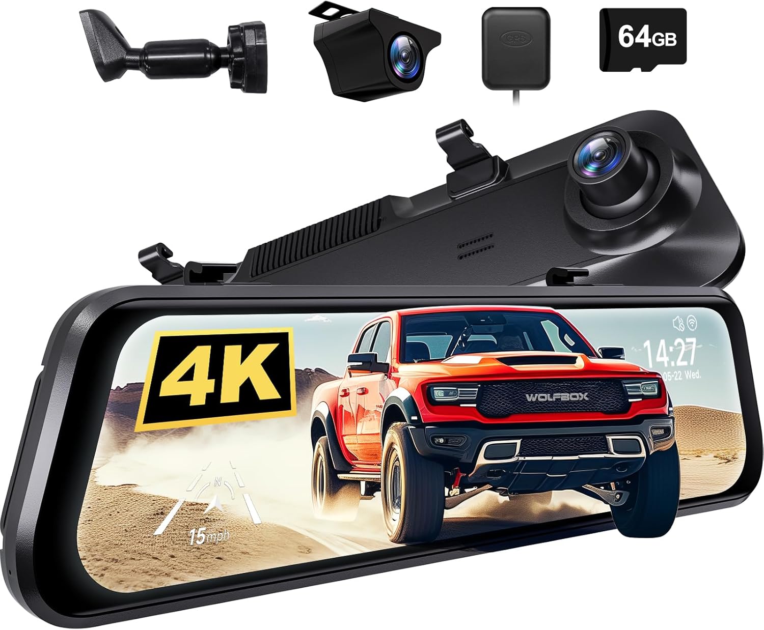 WOLFBOX G850 PRO mirror dashcam and OEM bracket components
