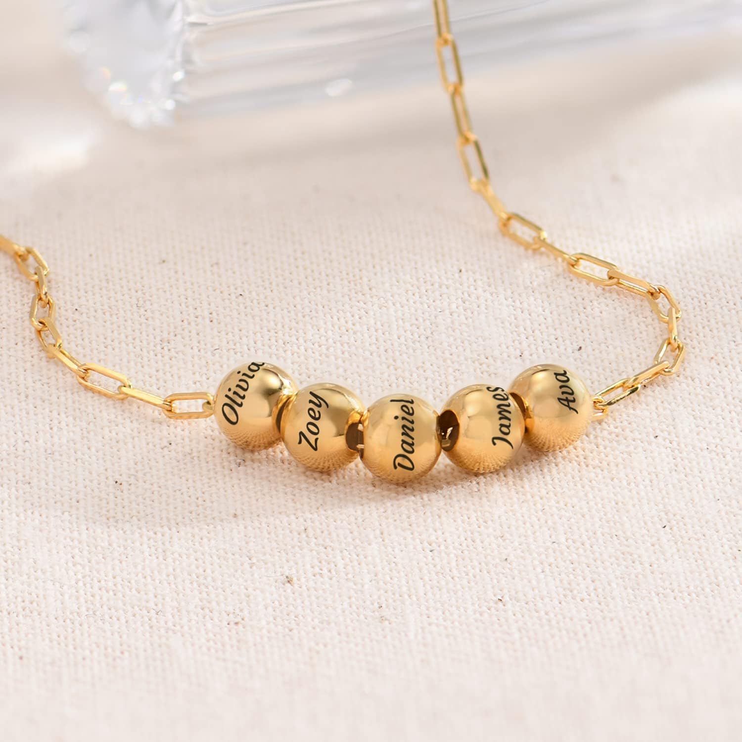 Personalized Balance Bead Necklace – Custom Engraved Bead Necklace with Optional Lab Diamond Bead, Silver, 18K Gold or Rose Gold Plated, Gold Vermeil