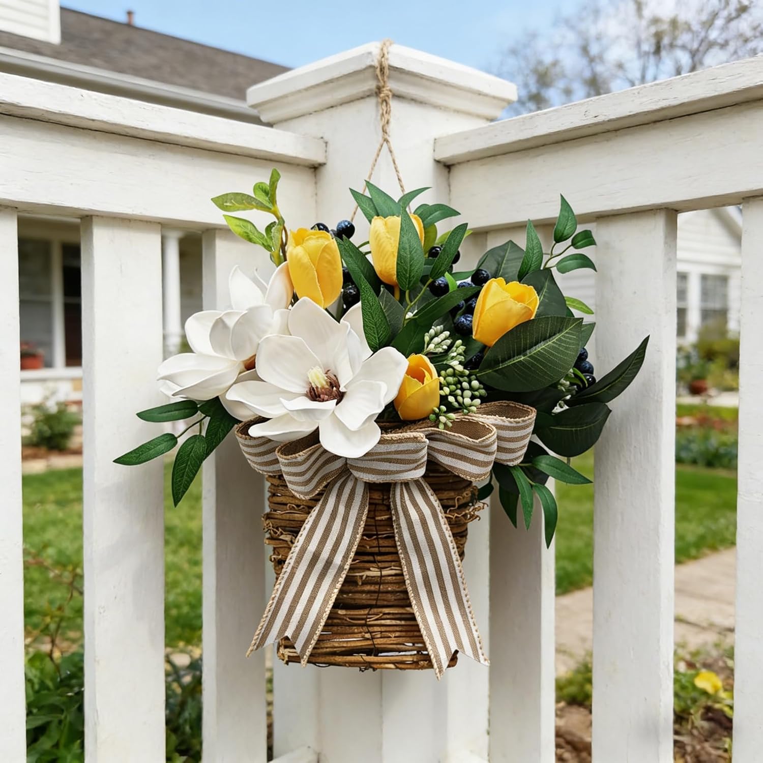 14" Spring Easter Floral Basket Wreath for Front Door, Artificial White Magnolia Yellow Tulip Door Basket Decor, Easter Basket Hanger for Farmhouse Home Wall Door, Spring Summer Easter Wreath