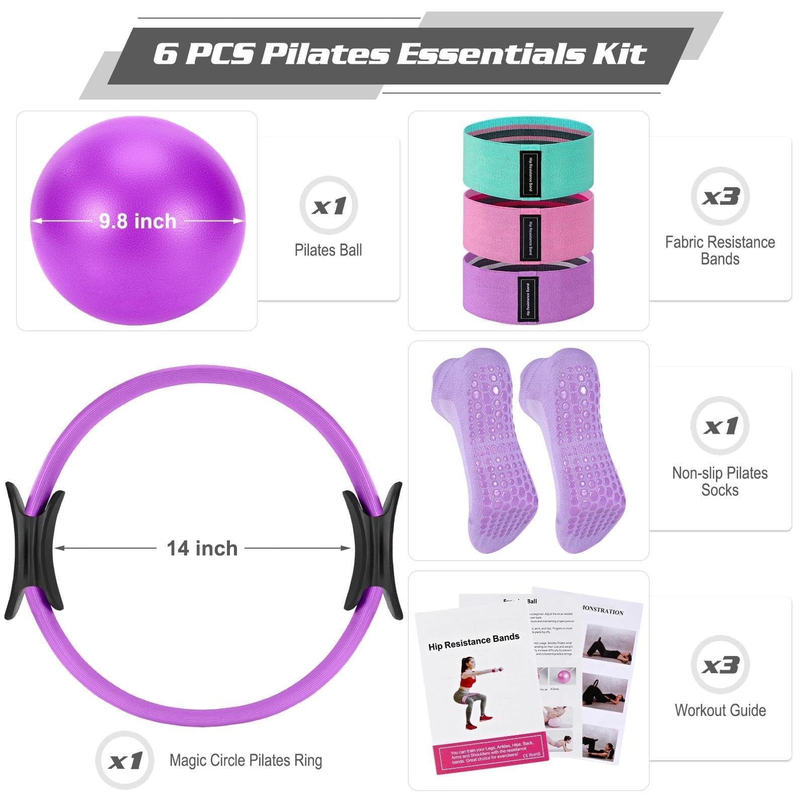 Pilates Set, Pilates Ball Pilates Ring Zubehör Set für Zuhause, Pilates Essential Kit für Frauen mit Yoga Ball, Yoga Ring, Pilatesring und Zubehör für Stretching und Fitness