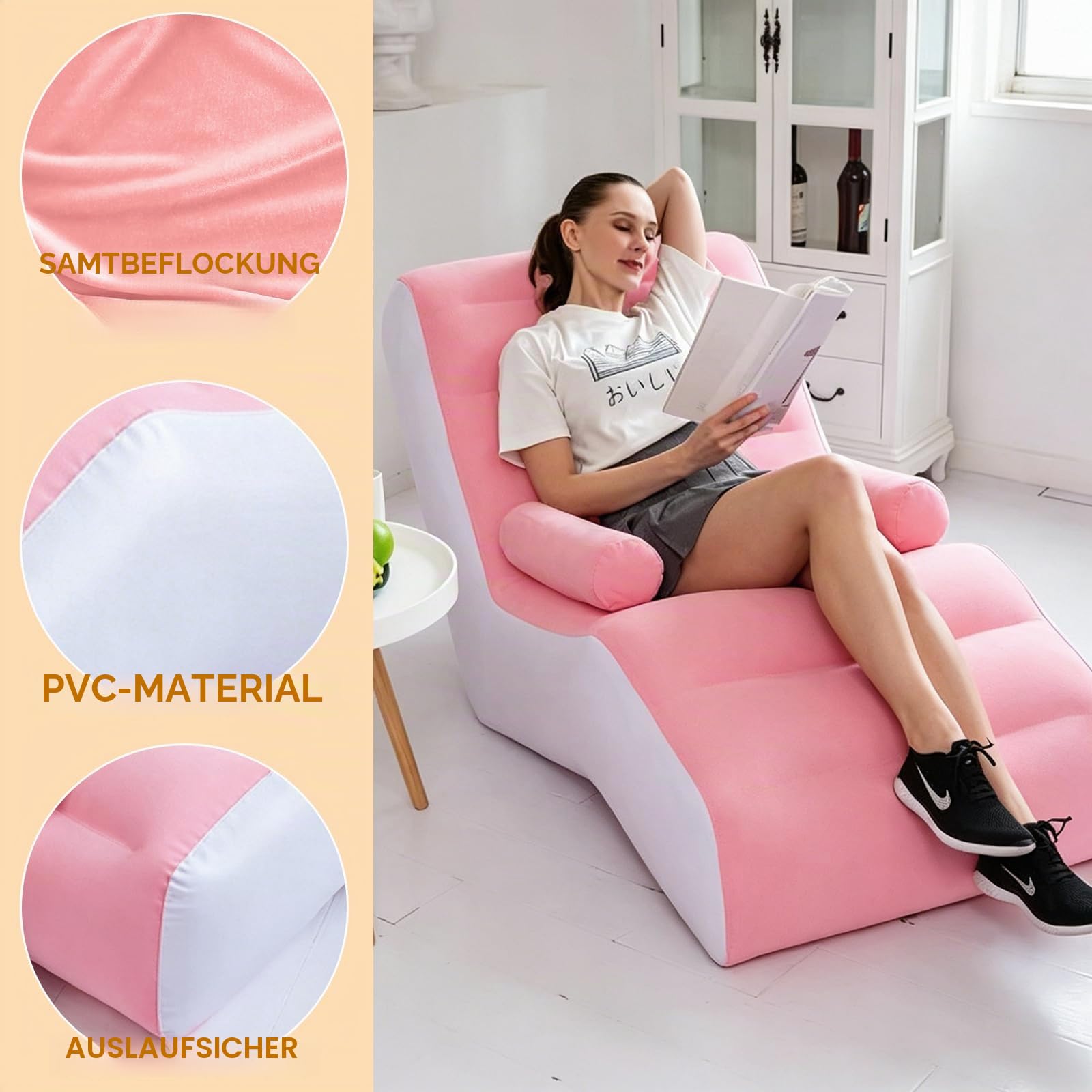 Luftsofa, Campingsofa mit Fußhocker, Tragbare Flocking Aufblasbare Couch, Aufblasbarer Sessel, Pool Sessel, Airlounge, Sitzsack Outdoor, für Camping, Zuhause (1, S Rosa, 1 Person)