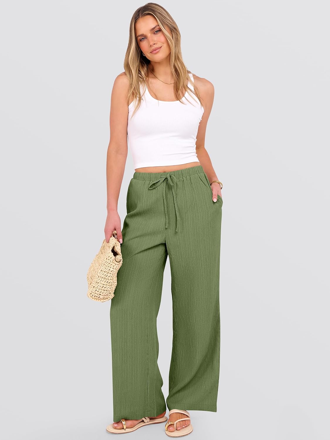 ANRABESS Women's Wide Leg Beach Pants Elastic Waist Lightweight Casual Flowy Palazzo Lounge Trousers with Pockets - Image 6