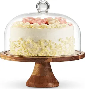 Godinger Cake Stand with Dome, 2in1 Wooden Cake Plate Serving Tray with Glass Dome, Cheese Board, Home Decor Housewarming Gift
