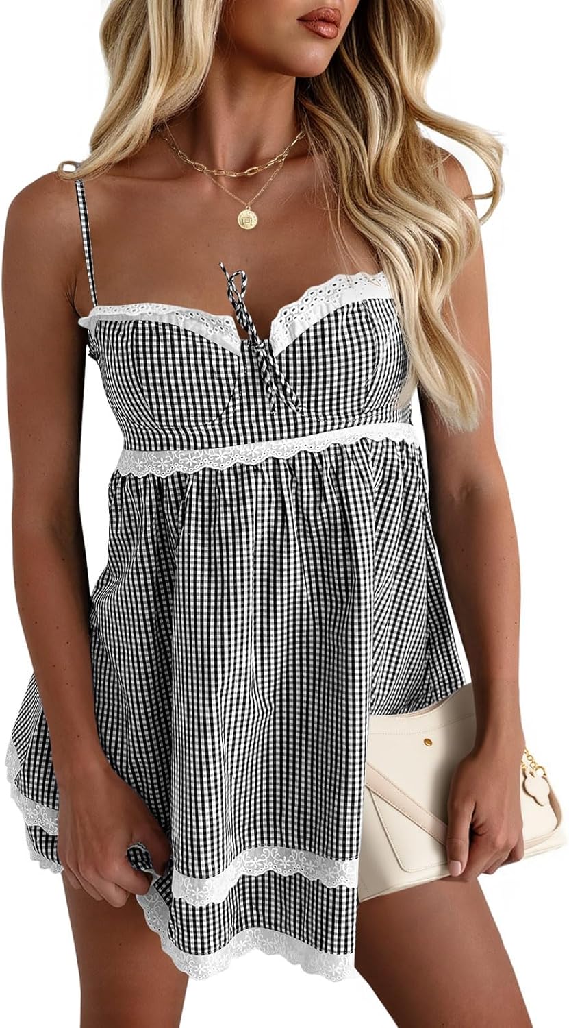 Wenrine Womens Summer Mini Dress Spaghetti Strap Sweetheart Y2K Plaid Lace Trim Tiered Beach Sundress Dresses