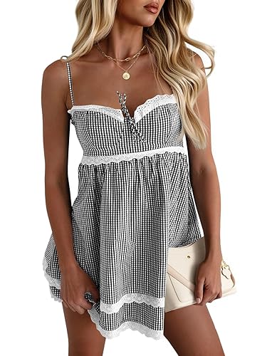 Wenrine Womens Summer Mini Dress Spaghetti Strap Sweetheart Y2K Plaid Lace Trim Tiered Beach Sundress Dresses - Black - X-Large