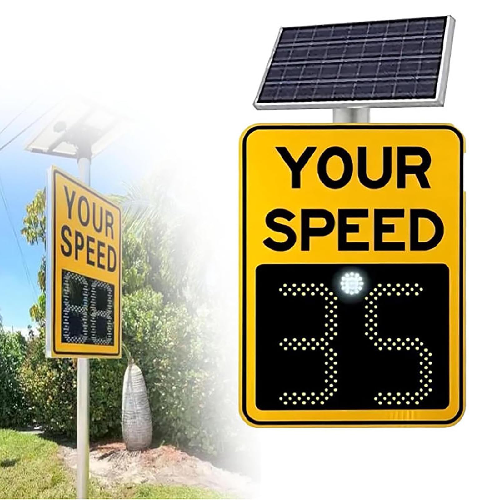 MObyat Señal de Velocidad con Radar Solar, 61 x 68 cm, Velocidad de detección <321 km/h, carriles de 3 a 4 carriles, Visibilidad Nocturna >1000 m, para medición de Velocidad en Carretera.