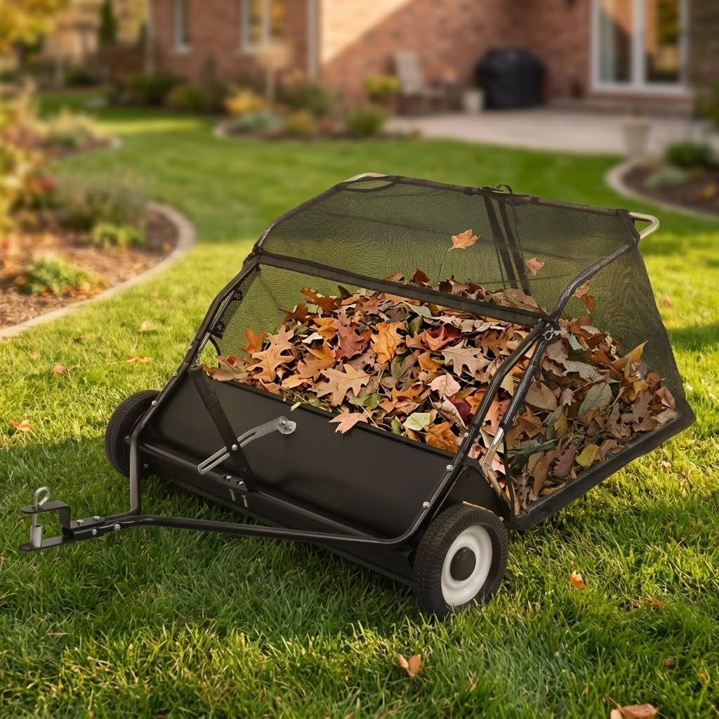 44 in Tow Behind Lawn Sweeper, 25 cu. ft. Non-Woven Hopper, Adjustable Brush Height Yard Sweeper for Leaves, Grass Clippings and Dry Debris, for Lawn, Driveway and Garden Black