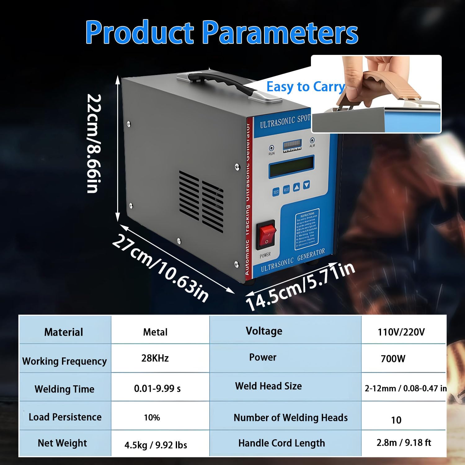 Soldador de Punto de plástico ultrasónico 700W, 28KHz con Pantalla LCD – Soldaduras PP, PVC, Pet, ABS Rápido, Manija portátil, Herramienta Industrial para Textiles y reparación de automóviles