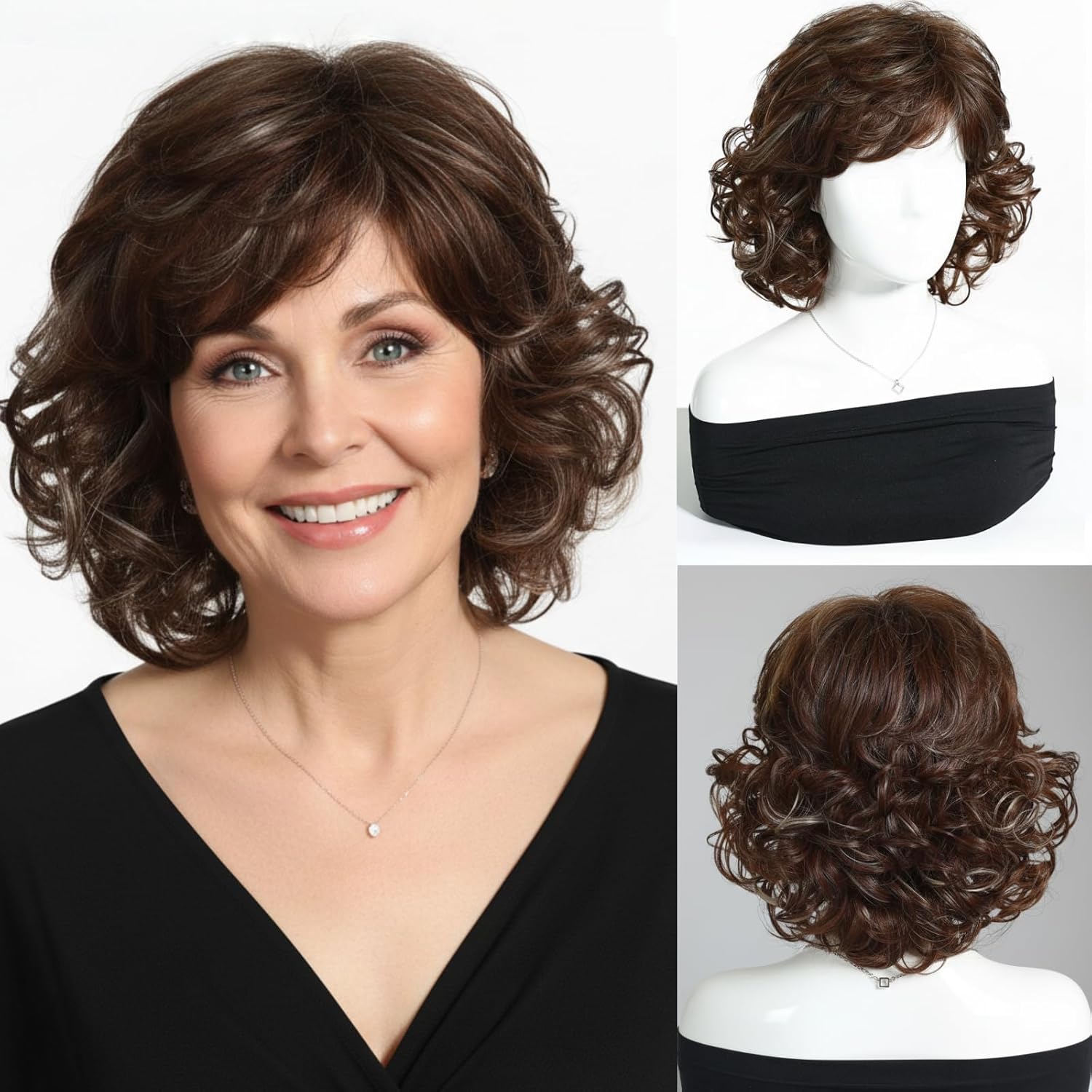 Bob Short Wig for Women - Dark Brown Synthetic Hair with Bangs, Voluminous Curly Style for Older Ladies Daily Use