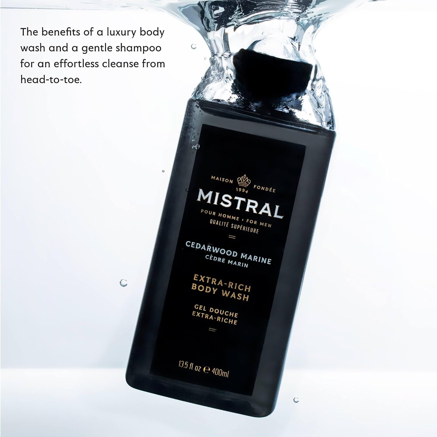 Mistral Men's Body Wash & Shampoo, Cedarwood Marine 13.5 oz | 2-in-1 Natural Shower Gel for Men | SLS, Paraben & Phthalate Free | Natural Men’s Body Wash, Moisturizing Bath Gel - Made in France