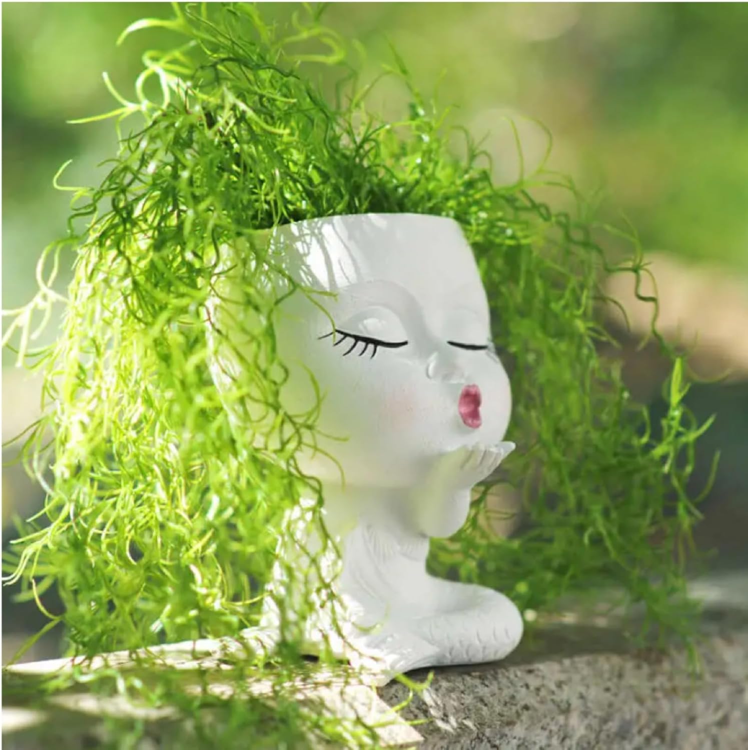 Face Planters Pots Head Kiss Girl Mermaid Statue Flower Pot Resin Head Planters for Indoor Plants Cute Vase Home Decor with Drainage Hole (White)