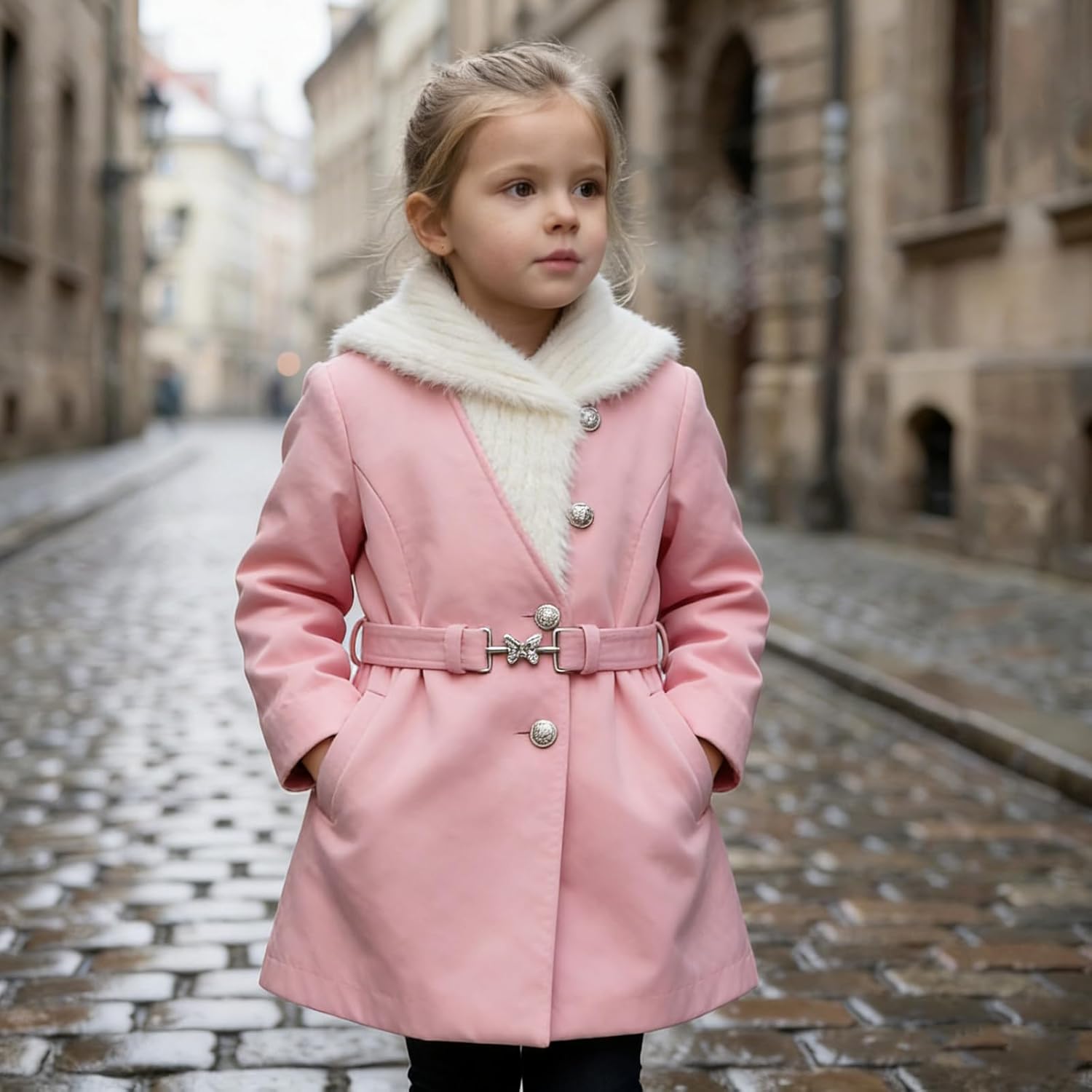 Girls Lapel Double-Faced Cashmere Dress Coat - Winter Warm Wool Blend Outerwear with Adjustable Belt - Image 2